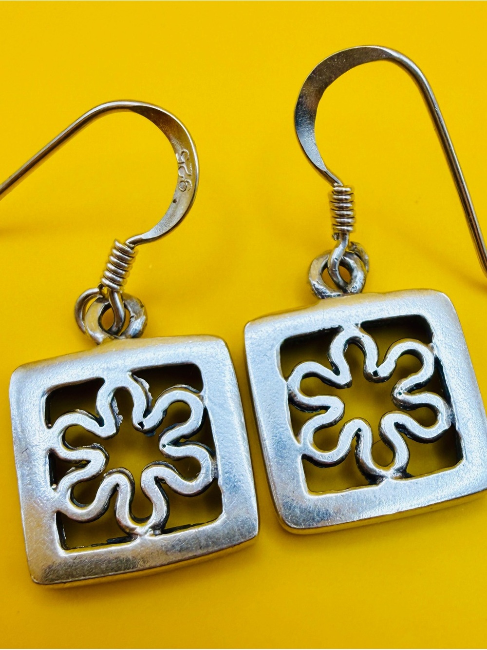 Sterling Silver Floral Cutout Square Drop Earrings - Silver